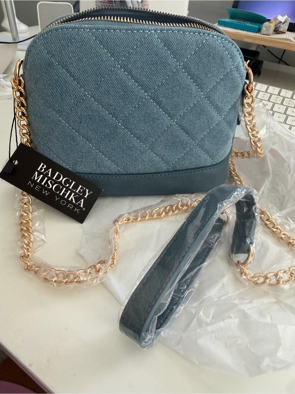 Badgley Mischka Teal Quilted Crossbody with Gold Chain